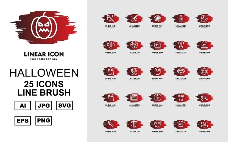 Conjunto de iconos de paquete de cepillo de línea premium de Halloween 25.