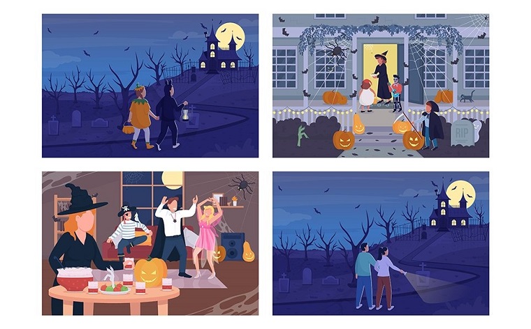 Conjunto de ilustración de vector de color de celebración de noche de Halloween.