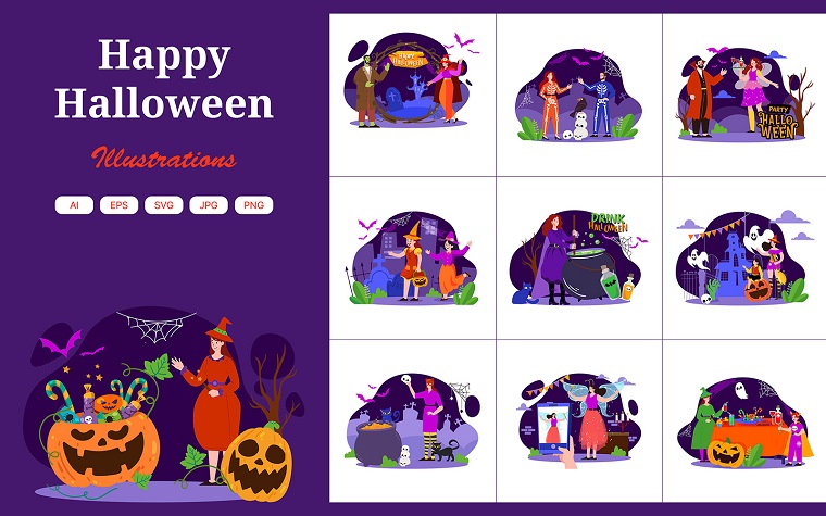 Paquete de ilustraciones de Feliz Halloween.