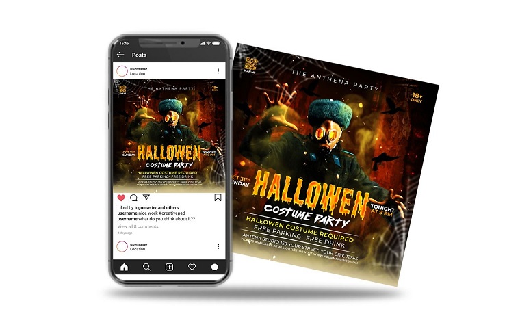 Publicación de instagram redes sociales halloween fiesta personalizada.