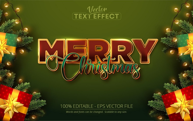 Feliz Navidad - Color dorado y rojo, Efecto de texto editable, Estilo de fuente, Ilustración gráfica.