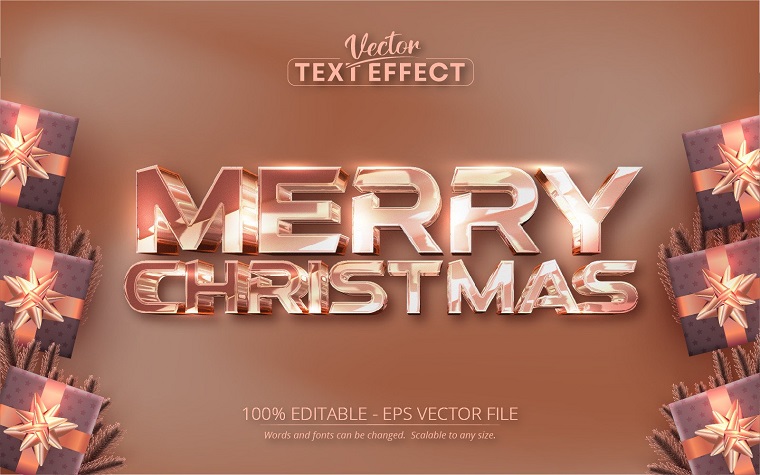 Feliz Navidad: color oro rosa, efecto de texto editable, estilo de fuente, ilustración gráfica.