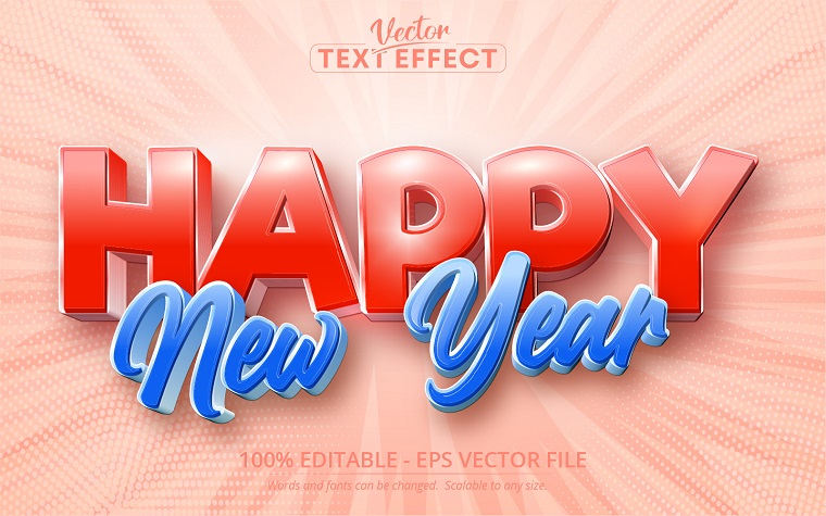Feliz año nuevo: estilo de dibujos animados, efecto de texto editable, estilo de fuente, ilustración gráfica.