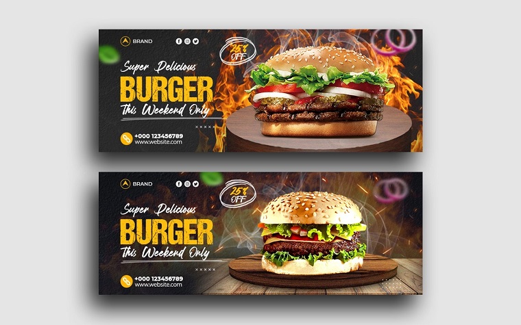 Deliciosa hamburguesa y menú de comida rápida Plantilla de banner web de portada de Facebook.