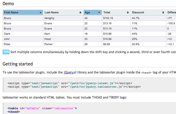 table sorter website plugin jquery demo webpage