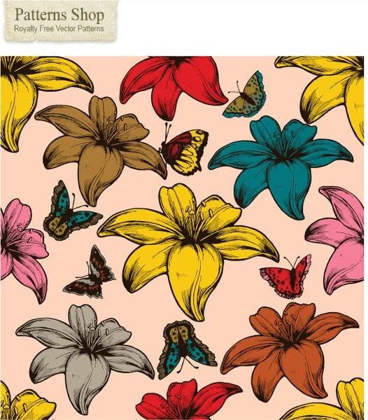 Free flowers and butterflies vector seamless pattern