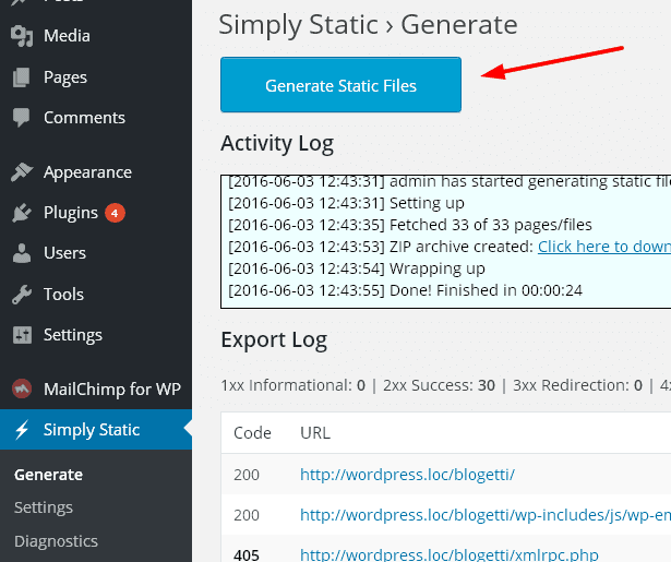 Simply Static Generate Static Files