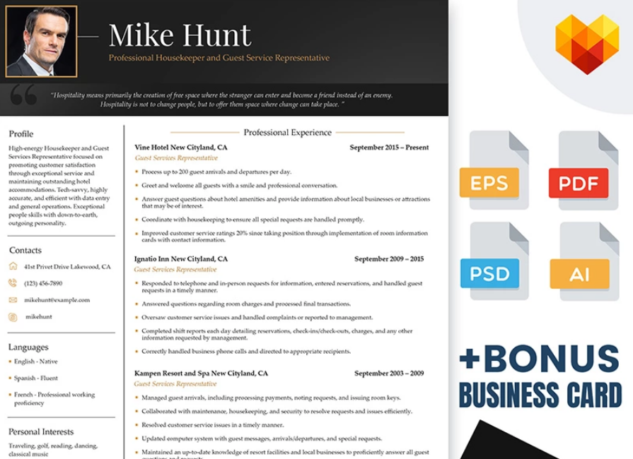  Mike Hunt - Hospitality Resume Template for Professional Housekeeper and Guest Service Representative