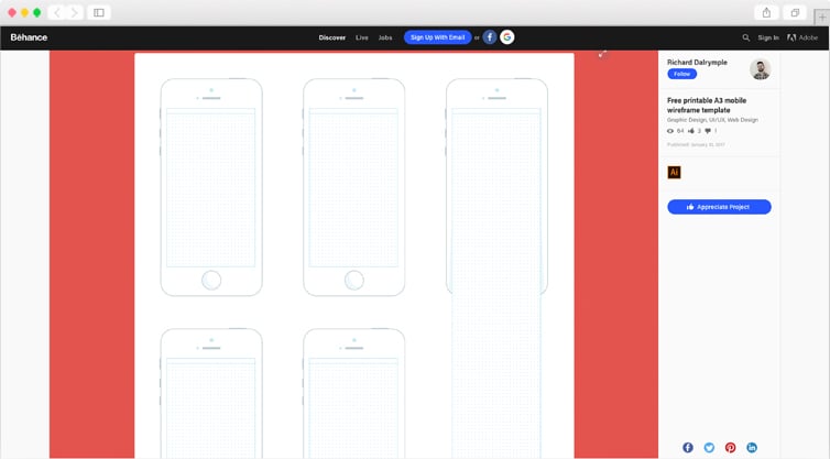 Behance | Free printable A3 mobile wireframe template