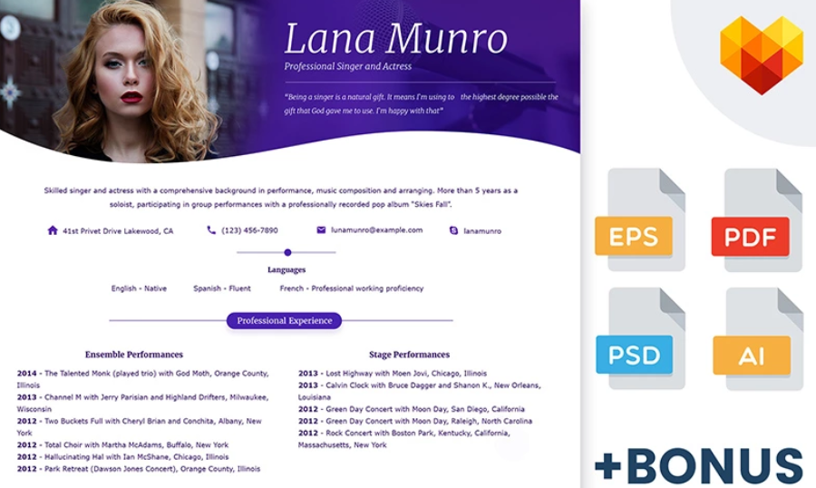 Lana Munro - Resume Template for Singer and Actor
