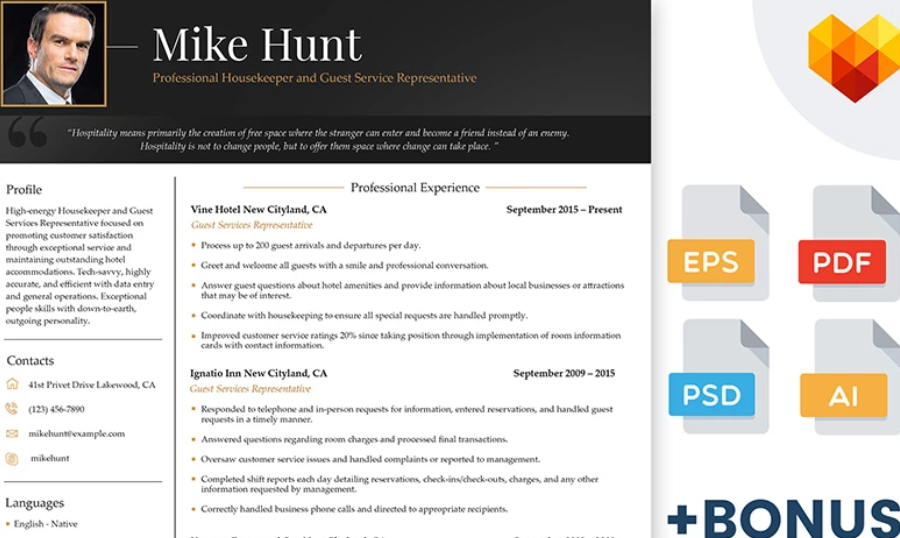  Mike Hunt - Hospitality Resume Template for Professional Housekeeper and Guest Service Representative