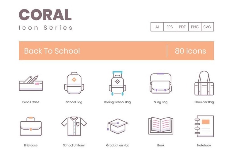 80 Back to School Icons - Coral Series Iconset Template.