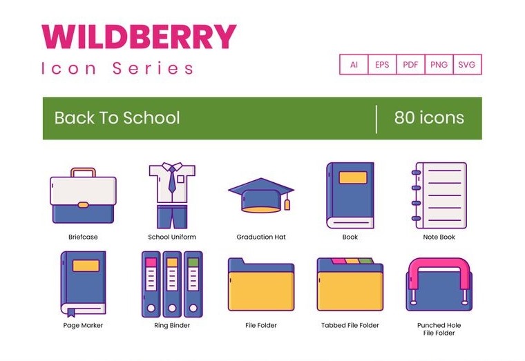 80 Back To School Icons - Wildberry Series Iconset Template,