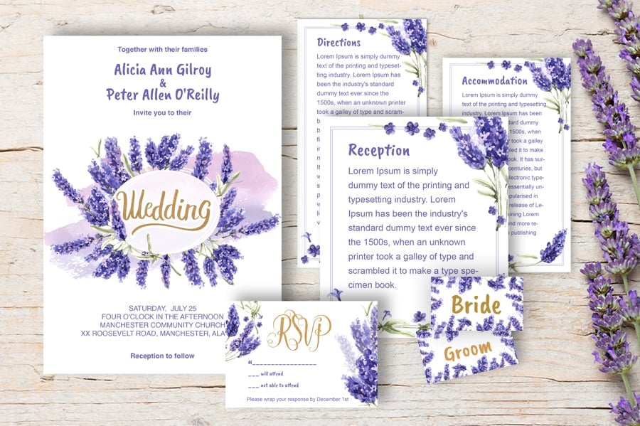 Lavender printable wedding invitation set