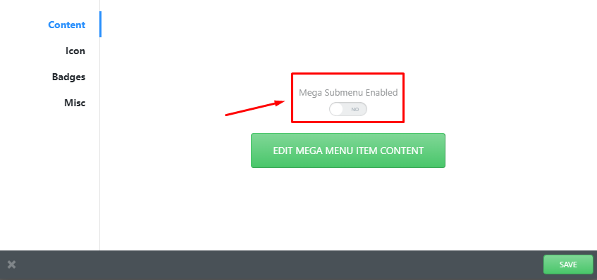 Edit Mega Menu Item Content button