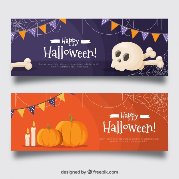Halloween celebration banners with bones and pumpkins