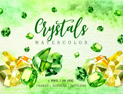 Aquarelle Yellow and Green Crystal PNG Set Illustration