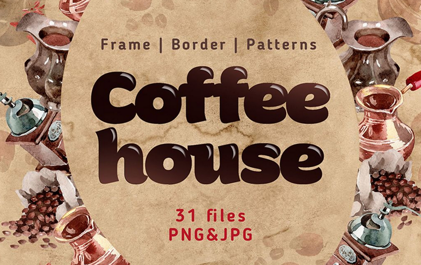 Coffee House PNG Watercolor Set Bundle