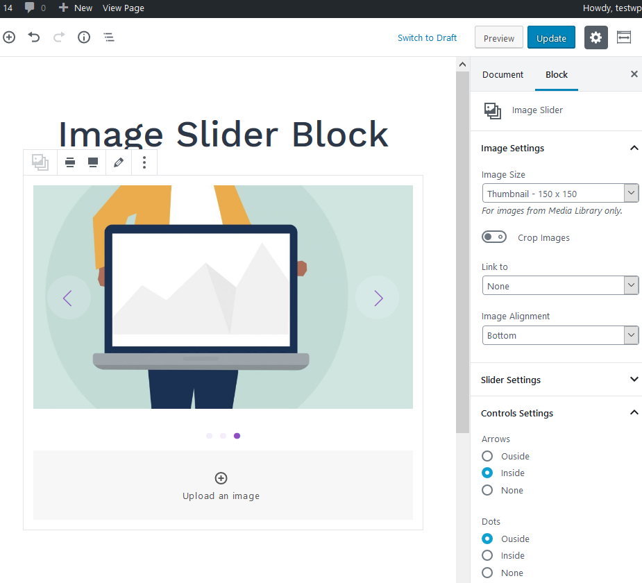 image slider block settings