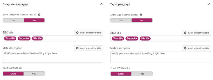 yoast categories tags settings