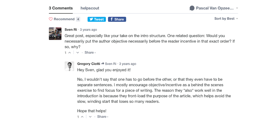 Example of a Disqus section at the Help Scout blog