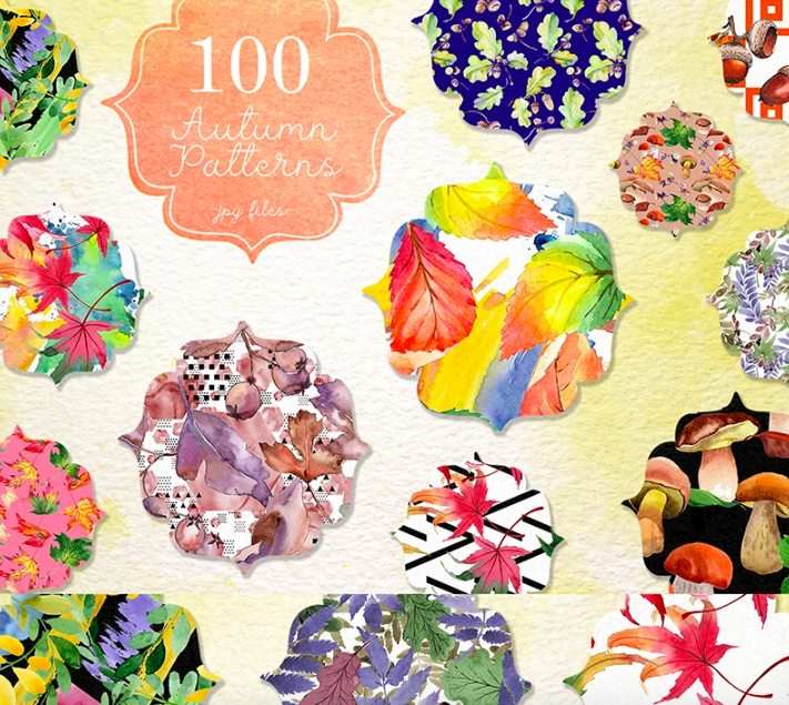 100 Autumn Patterns JPG Watercolor Set Illustratio