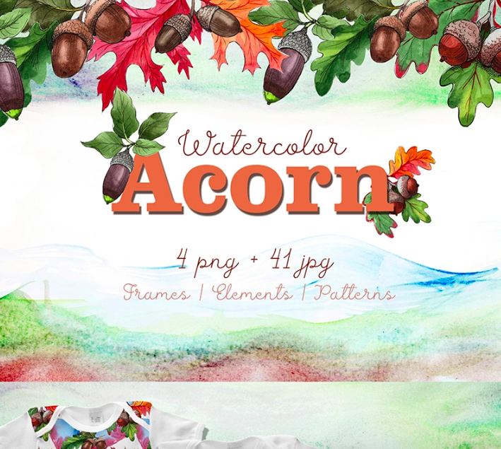 Autumn Acorn Leaf and Plant PNG Watercolor Set Illustration