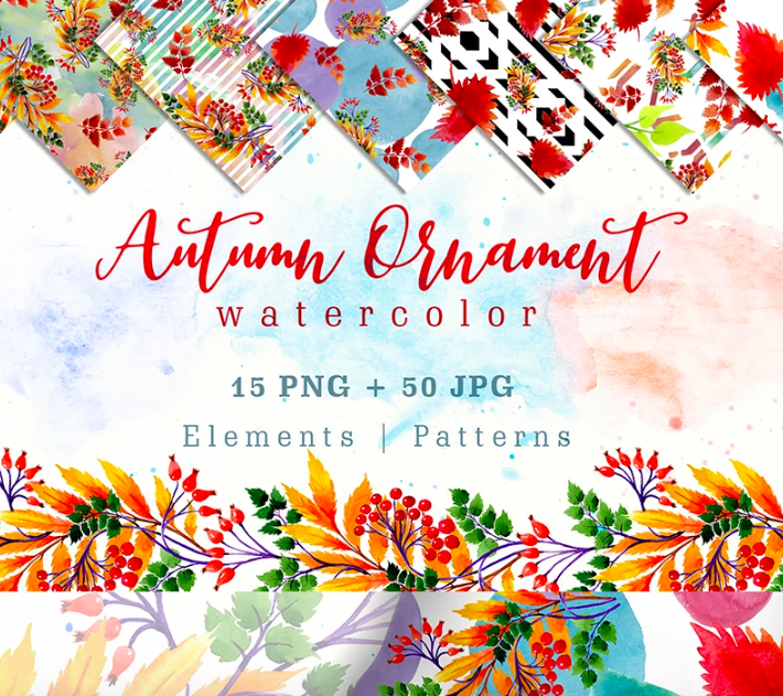 Cool Autumn Ornament PNG Watercolor Set Illustration