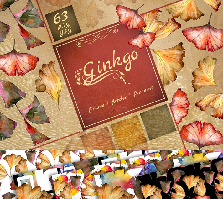 Ginkgo Leaves Png Watercolor Set Illustrations Bundle