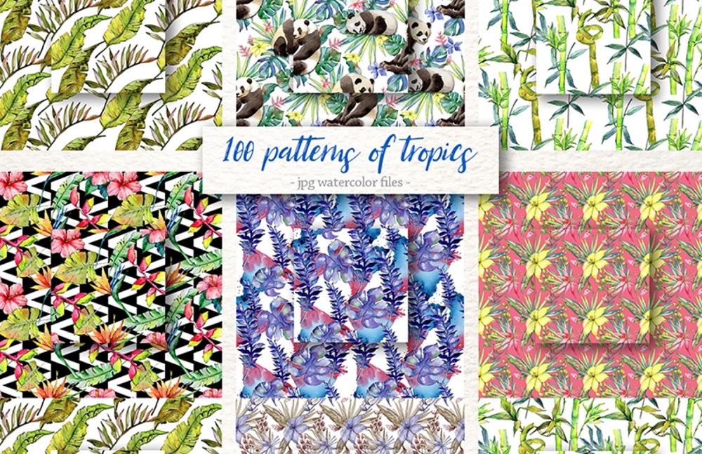 100 Patterns Of Tropics JPG Watercolor Set Illustration