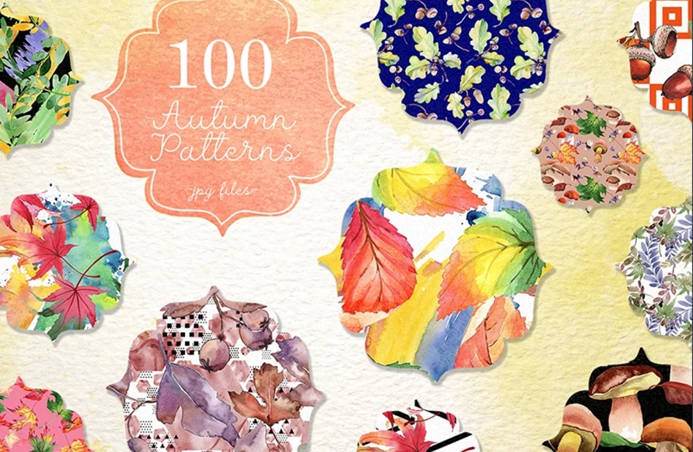 100 Autumn Patterns JPG Watercolor Set Illustration