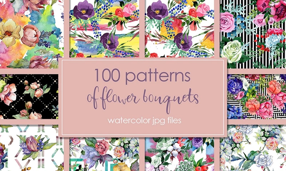100 Patterns of Flower Bouquets JPG Watercolor Set Illustration