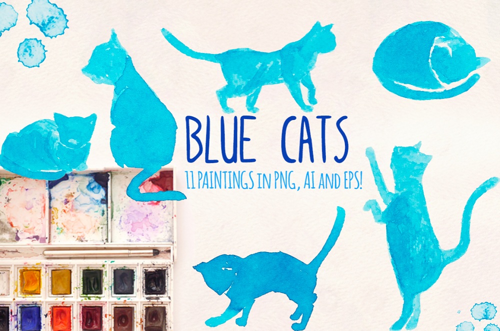 11 Blue Kitty Cat Silhouette Graphics Illustration.