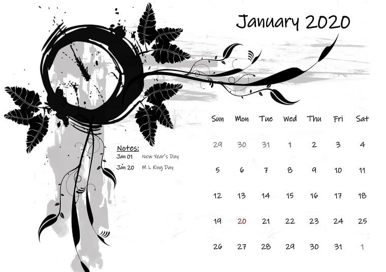 January 2020 uk calendar.