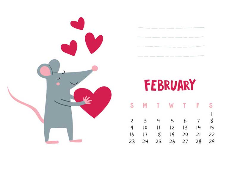 Free Cute February 2020 Calendar.