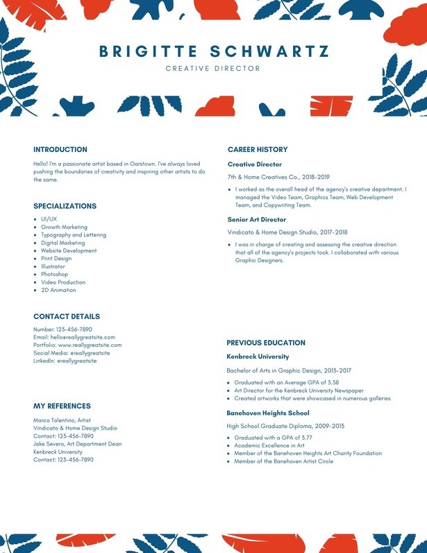 Blue and Red Illustrated Leaves Pattern Creative Director Resume.