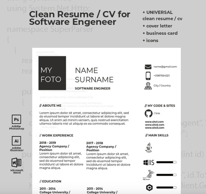 Clean CV for Software Engineer Resume Template.