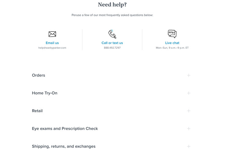 Warby Parker’s FAQs and Contacts.