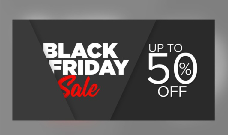 Black Friday Sales Banner with 50% Off Black Color Background Design.
