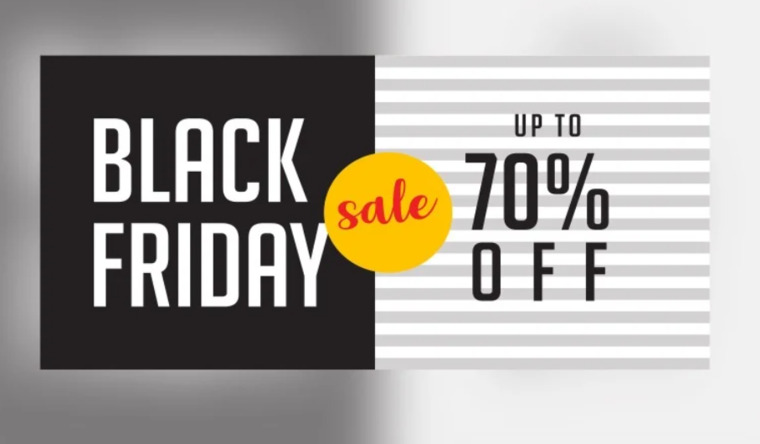 Black Friday Sale Banner with 70% Off On Grey And Whit And Black Color Background Design.
