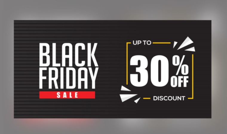 Black Friday Sales Banner with 30% Off Black Background Template.