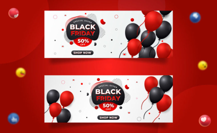 Modern Black Friday Facebook Cover with 3d Balloons Social Media.