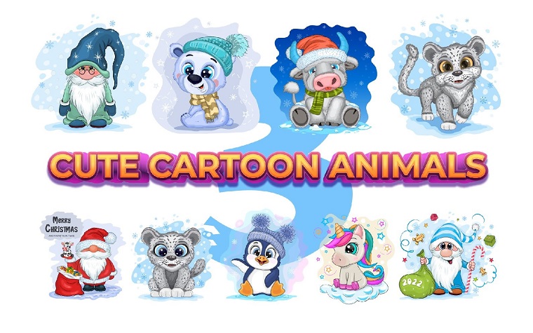 9 Cartoon Animals Vectors Set.