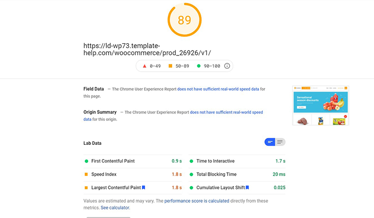 Groce Store PageSpeed Insights loading speed
