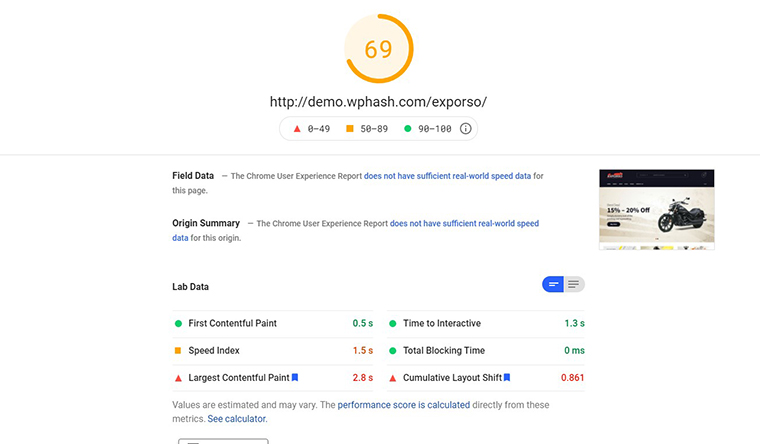 Exposo PageSpeed Insights loading speed