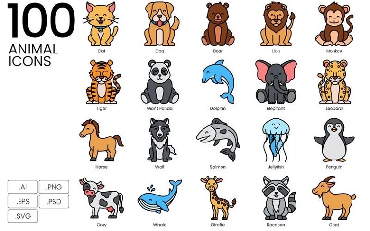 100 Animal Icons - Vivid Series Set.