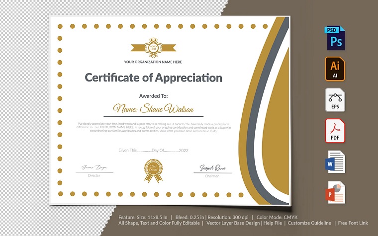 Cline Printable of Appreciation Certificate Template.