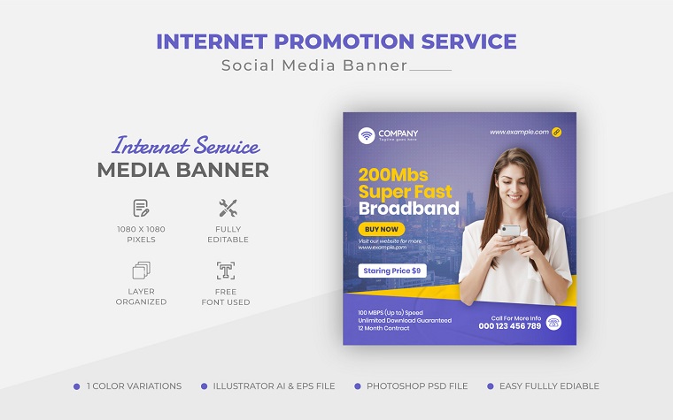 Editable Post Template Instagram Post Banner For Internet Service Promotion.