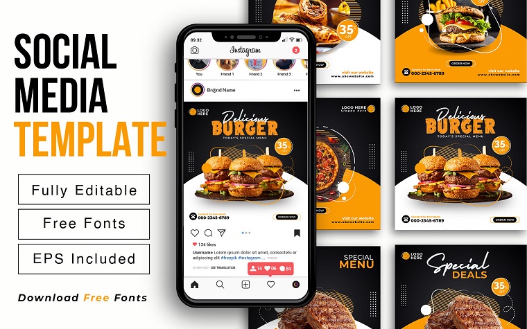 Food Social Media Post Or Instagram Promotional Ad Design Template.