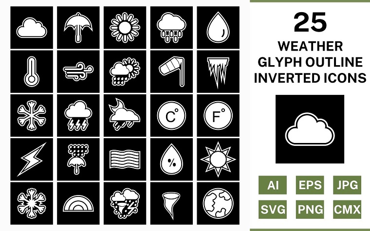 25 Weather Glyph Outline Inverted Icon Set.